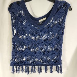 Dyganni Blue Crocheted Sleeveless Top with Fringe Hem Size Large